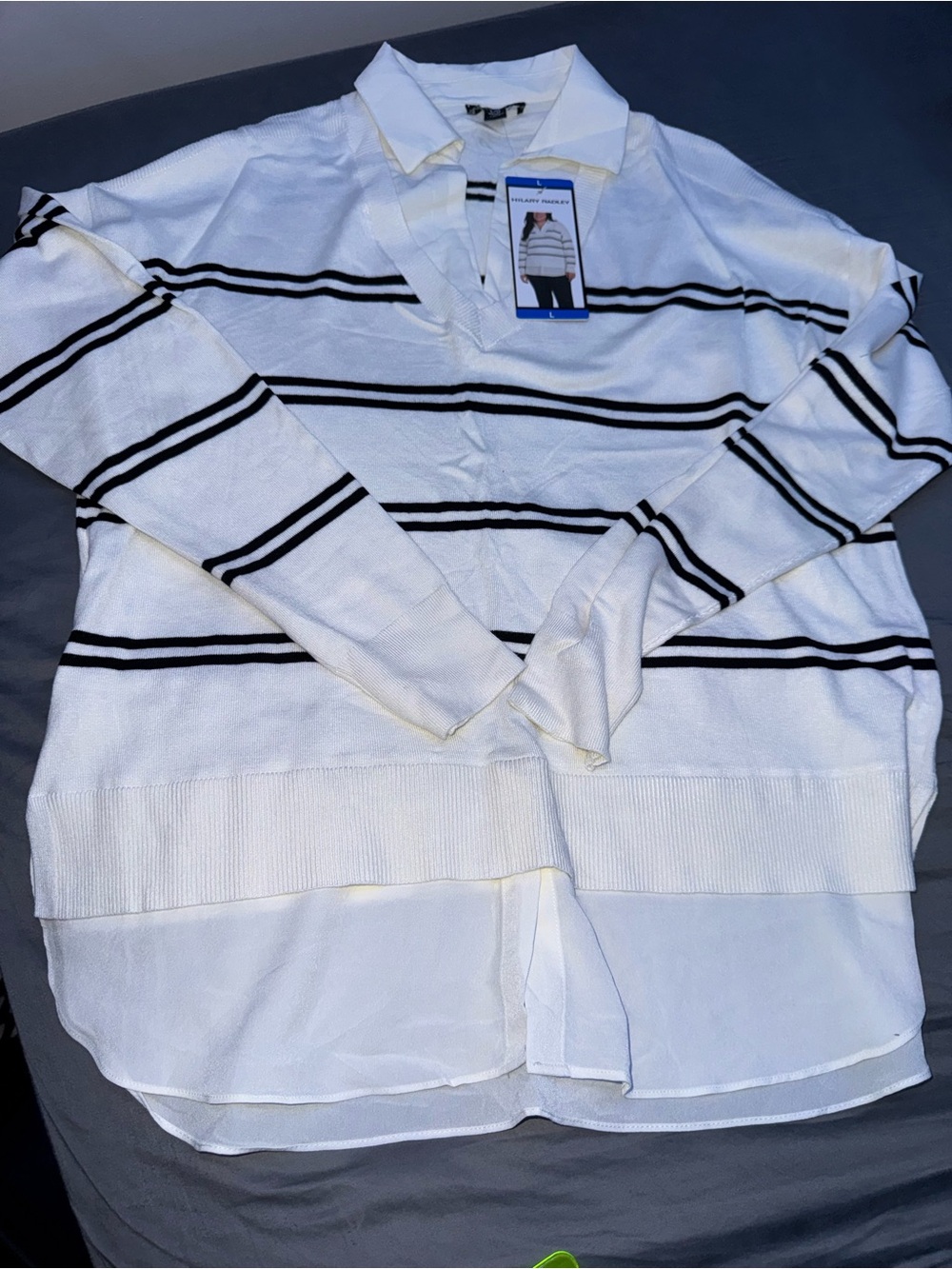 Hilary Radley White Pullover with Black Stripes and Attached Shirt Hem